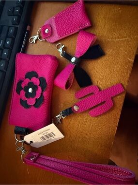 Katelyn leatherworks Hot Pink Leather Wristlet Keychain Set with Floral Accent